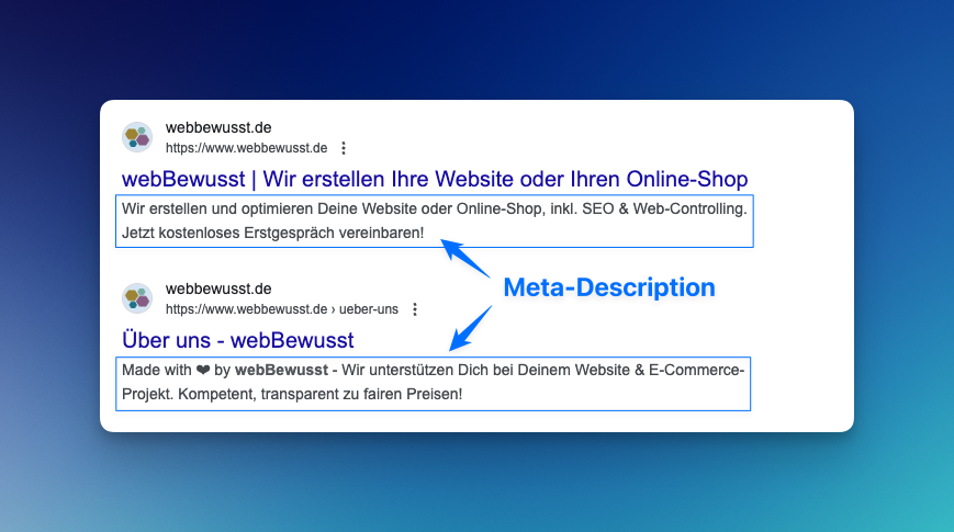 webBewusst Glossar - Beispiel einer Meta-Description auf der Suchergebnisseite von Google
